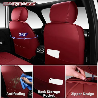 CAR PASS Luxury Nappa Leather Seat Covers Full Set, 3D Rhombus Waterproof Faux Leather Seat Covers, Premium Automotive Seat Cushion Universal Fit for Sedan SUV Truck Van,Airbag Compatible Burgundy Red