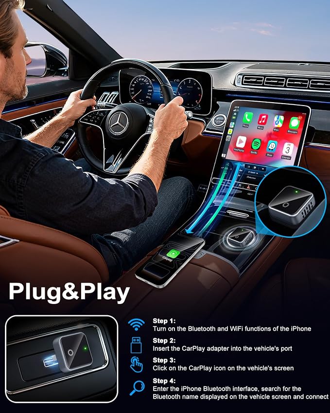 𝟐𝟎𝟐𝟓 𝐔𝐩𝐠𝐫𝐚𝐝𝐞𝐝 Wireless CarPlay Adapter for Apple iPhone iOS 10+,USB/USB C Mini Design for Convert Wired to Wireless Car Play Adapter,Plug and Play Stable No Latency from iPhone to Screen