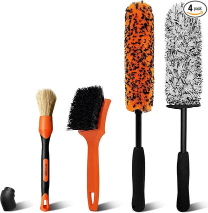 YeewayVeh 4PCS Car Wheel Brush Kit, Microfiber Wheel Cleaner Brush with Boar Hair Detailing Brush, Bendable & Durable Wheel and Tire Brush Kit for Cleaning Wheels, Tires