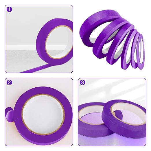 6 Rolls Fine Line Tape 1/16, 1/8, 1/5, 2/5, 1/2, 3/4 Inch x 55 Yard Fineline Masking Tape Painter Adhesive Automotive for DIY Car Auto Paint (Purple, Mixed Sizes)