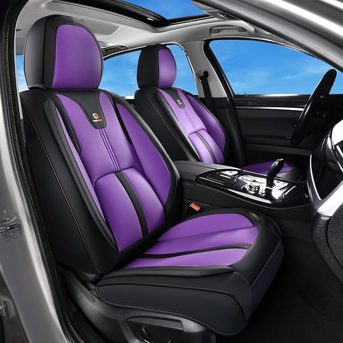 Huidasource Front Car Seat Cover Luxury Nappa Leather, Leather Front Seat Covers with Airbag, Front Storage Pocket, Lumbar Support, Cooling＆Heating Universal Fit for Most Cars SUV Trucks, Black&Purple