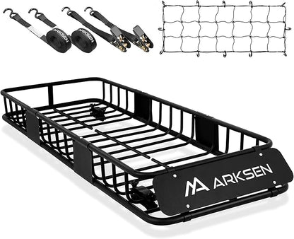 ARKSEN 64"x23"x6" Roof Rack Skinny Cargo Carrier with Basket, Net & Ratchet Straps Heavy Duty Weather Resistant Top Mount Cargo Rack, Luggage & Camping Gear Storage for Car, Truck or SUV Transport