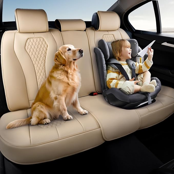 Coverado Automotive Seat Covers, Back Car Seat Cover, Rear Seat Cover, 3-Pieces Luxury Car Seat Cushion, Beige Seat Cover Seat Protector Universal Fit Most Cars