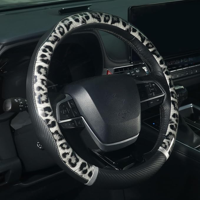 KAFEEK 16 inch Large Steering Wheel Cover, Leopard Cheetah Print with Anti-Slip Carbon Fiber Texture, Breathable Wheel Protector for Ford F150 F250 F350, Ram 1500 2500, Toyota Tacoma Tundra, Black