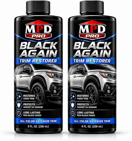MPD Pro Black Again Trim Restorer for Cars – Restores Faded Plastic, Vinyl & Rubber Exterior Trim, Deep Black Finish for Bumpers, Mirrors & Moldings, UV Protection, Non-Greasy Formula, 8oz (Pack of 2)