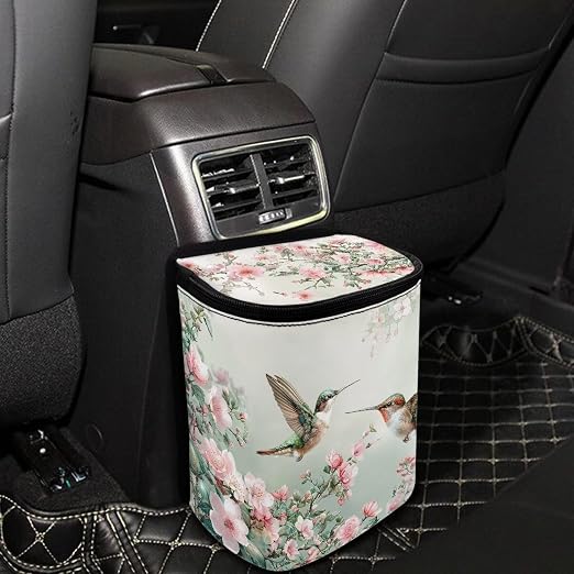 Talayituse Hummingbird Floral Print Car Trash Can with Lid, Leak Proof Auto Trash Bag Hanging Vehicle Garbage Can Multipurpose Storage Container for Back Seat Road Trip