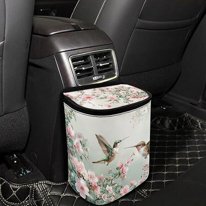 Talayituse Hummingbird Floral Print Car Trash Can with Lid, Leak Proof Auto Trash Bag Hanging Vehicle Garbage Can Multipurpose Storage Container for Back Seat Road Trip