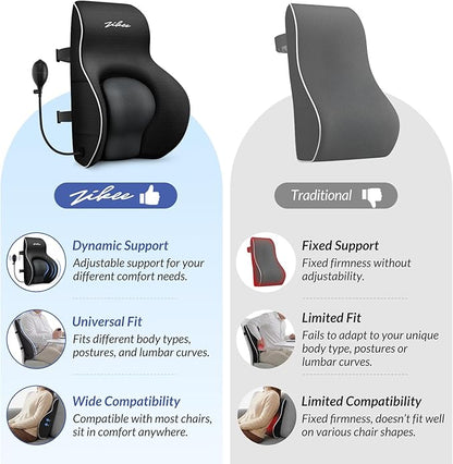 ZIKEE Adjustable Airbag Lumbar Support Pillow Provides Comfortable Support Back Pain Relief and Improves Posture, Ergonomic Memory Foam Back Support Pillow for Office Chair, Car, Home