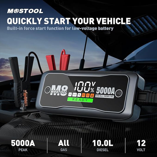 MOSTOOL 5000A Car Jump Starter, 12V Portable Battery Booster with LED Display, Fits All Gas Engines and Up to 10.0L Diesel Engines,Gray