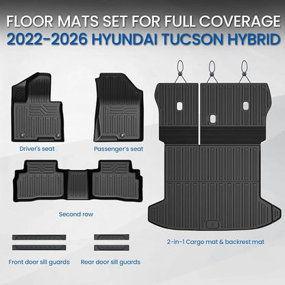 Floor Mats Set for Hyundai Tucson 2022-2025 2026 Hybrid Version (Not fit Gas and PHEV), All Weather TPE Cargo Liner Backrest Mat Trunk Mat Door Sill Guards Accessories