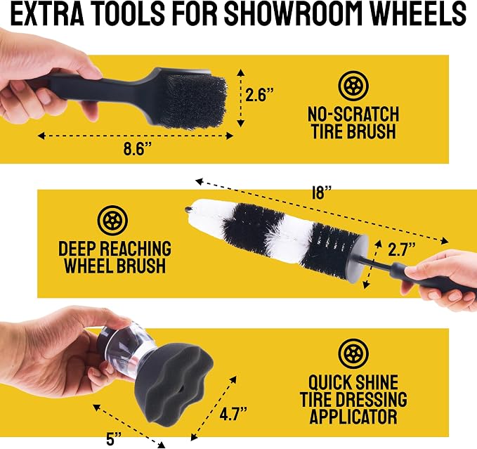 Car Detailing Brush Set 9-Pack - Boars Hair Brushes with Tire and Wheel Brush Plus Tire Dressing Applicator - Soft Bristle Car Detailing Kit for Interior, Exterior and Wheels - Detail Dudes