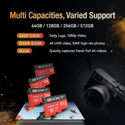 SIX M200 512GB Micro SD Card Read Up to 190MB/s for 4K UHD Continuous Recording - A2, U3, V30 microSDXC Memory Card 512GB with Adapter for Action Cameras, Drones, Gaming Consoles, Dash Cams, Phones