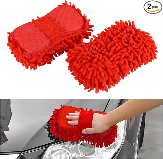 2PCS Microfiber Car Wash Sponge, Double Sided Chenille Microfiber Car Wash Mitt, Scratch Free & Lint Free, Absorbent Automotive Washing Sponges, Auto Cleaning Supplies (Red)