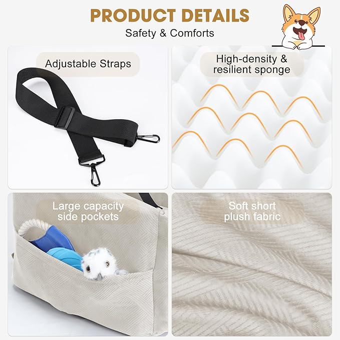 JOEJOY Dog Car Seats for Small Medium Dogs Under 35lbs, Dog Booster Seat with Detachable Washable Cover and Cushion, Memory Foam Pet Car Seat with Safety Belt and Storage Pockets (BGE)