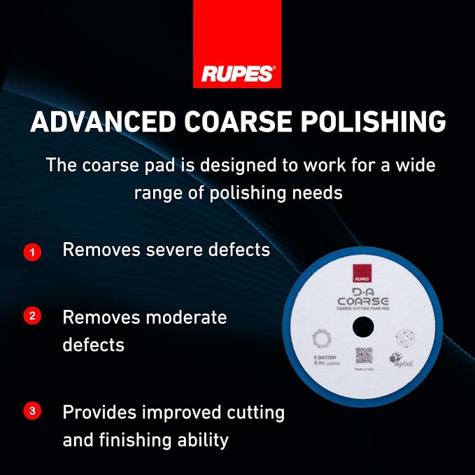 RUPES 9.DA150H Pack of 1 Blue D-A Coarse Cutting Foam Pad 150mm | Ideal for Paint Correction & Gloss Enhancement | Mild to Severe Defect Removal | Compatible with 5" Backing Plate