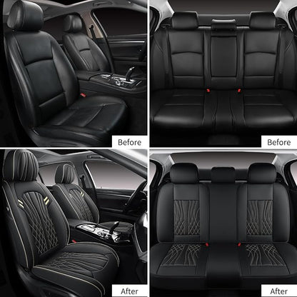 MINGBRON Leather Car Seat Covers 5 Pieces, Full Set Universal Seat Covers for Cars, Waterproof Nappa Leather Auto Seat Protectors, Black Car Seat Cover Most Sedans SUV Pick-up Truck Black&BeigeLine