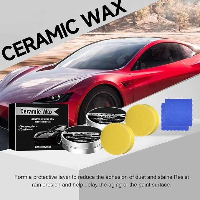 Ceramic Coating Wax for Cars, Strong Protection Car Polish Wax, Car Paint Scratch Repair Paste, Long-Lasting Protection Cream with Sponge (2Pcs)