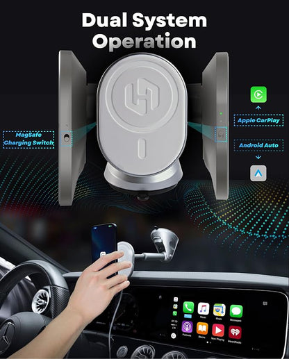 HexaCharge 4-in-1 Wireless Car Adapter – Works with Apple CarPlay and Android Auto, Magnetic Phone Mount with Wireless Charging, Converts Wired to Wireless for iPhone & Android