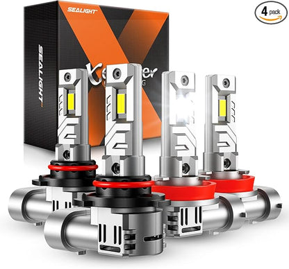 SEALIGHT H8 HB3 Light Bulbs, 9005 H11 Fog Bulbs with Turbo Fan, 80,000LM 8X Brightness 5 Mins Quick Installation, IP67 Waterproof Bulbs, Pack of 4