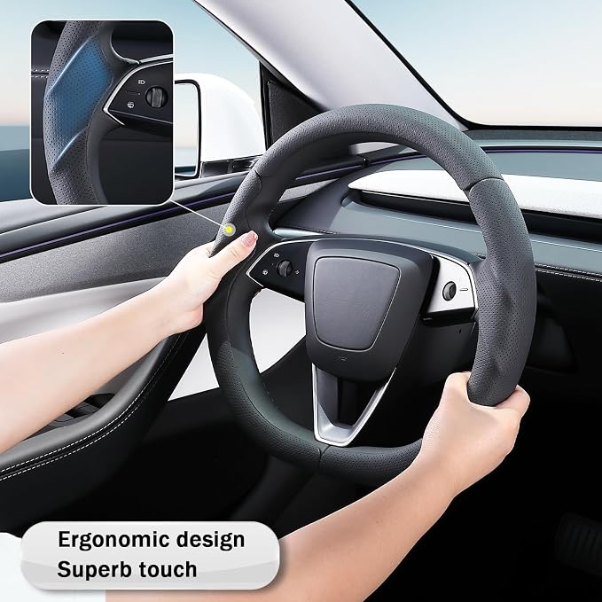 Steering Wheel Cover for Tesla Model 3 2024-Present Highland/Tesla Model Y Juniper 2025-Present, Leather Steering Wheel Cover for Tesla Model 3 Highland/Y Juniper Accessories, Black
