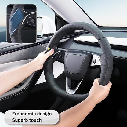 Steering Wheel Cover for Tesla Model 3 2024-Present Highland/Tesla Model Y Juniper 2025-Present, Leather Steering Wheel Cover for Tesla Model 3 Highland/Y Juniper Accessories, Black