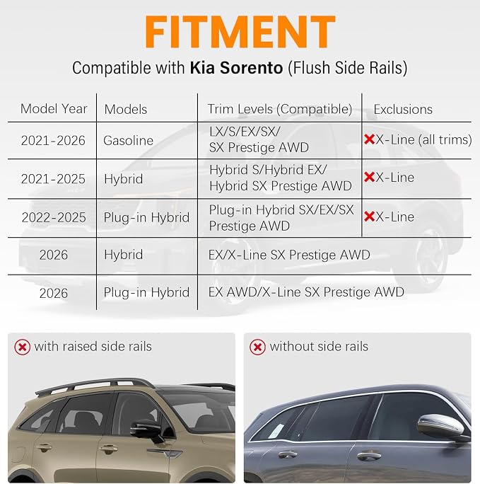 300LBS Roof Rack Cross Bars 300lb Compatible with Kia Sorento and Sorento Hybrid 2021-2026 with Flush Rails,Heavy Duty Lockable Aluminum Roof Rails Crossbars Cargo Bars Carrier Luggage