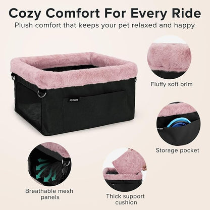 JOEJOY Deluxe Dog Booster Seat with Sturdy Metal Frame and Safety Leash for Small Pets up to 20 lbs - Portable Puppy Dog Car Seat with Thick Cushion and Storage Pockets for Small Dogs, Pink
