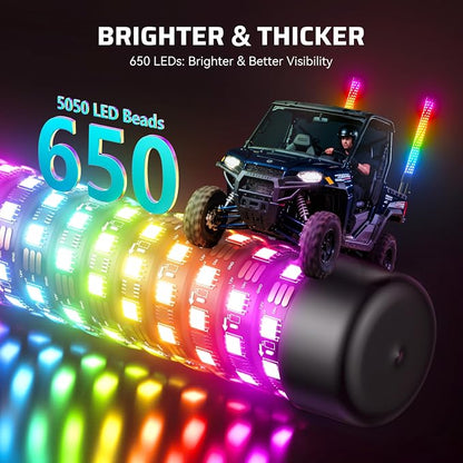 Ehaho 2FT Fat Whip Lights for UTV ATV, Led Fatty Whip Light W/Rocker Switch & 3 Flags, Brighter Spiral Chasing Lighted Antenna Whip with APP & Remote Control for RZR SXS