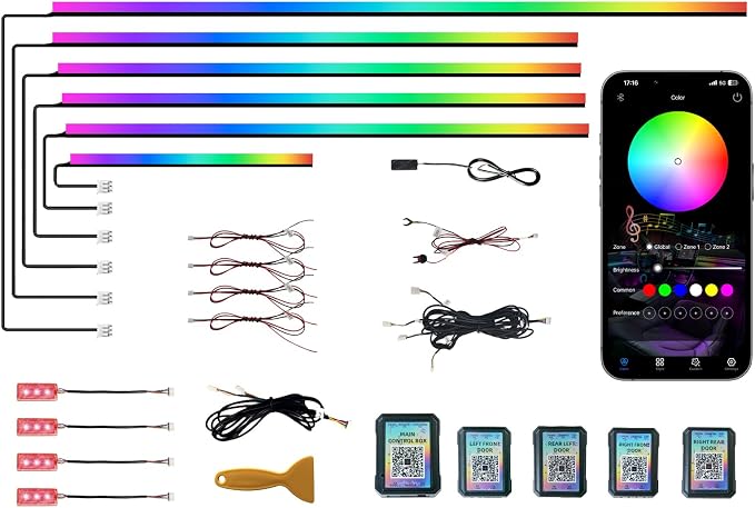 KENANEK Ambient Lighting Car Interior LED Strip Lights 10-in-1, 175” Acrylic Multi-Color Car Ambient Lighting Kit with Music Sync, APP Control, Interior LED Lighting for Cars SUVs Trucks