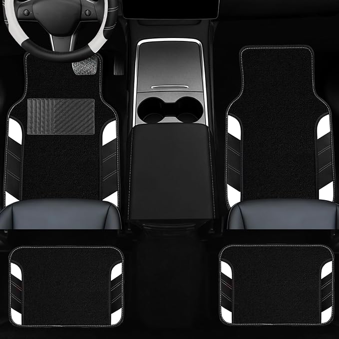 NBTEPEM 10 Pcs Car Floor Mats Full Set & Sport Leather Steering Wheel Cover 14.5-15 inch, Center Console Cover, Seat Belt Cushion, Cup Holder Coaster, Universal Automobile Interior Sets (White)