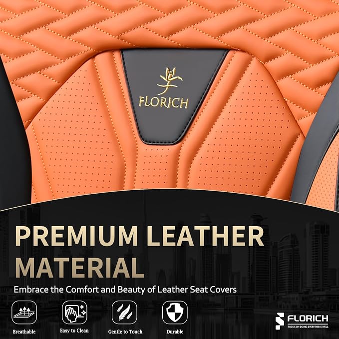 FLORICH Leather Seat Covers, Car Seat Covers Full Set, Car Seat Protectors 5 Seats, Automotive Seat Covers Driver Seat Covers Fit for Most Cars Trucks SUV-Black&Orange
