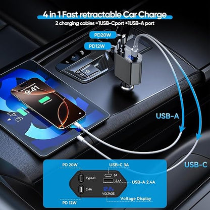 66W Retractable Car Charger,CarCharger Fast Charging 4 in 1 Car Phone Charger Retractable USB C Cable,Type C to Lightning Cord,USB C Port and USB A Port Fast Charging for iPhone 16/15/14,iPad