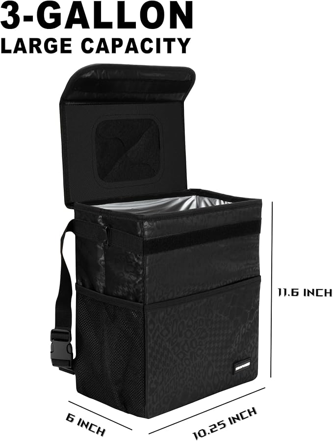 SIBOFUEGO Sturdy 3 Gallon Car Trash Can - Ultra Large Capacity, Leak Proof, Waterproof Car Organizer and Storage with Pockets and Adjustable Straps, Collapsible Interior Car Accessory (Black Leopard)