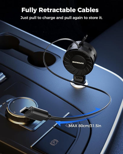 SUPERONE Retractable Car Charger, Small iPhone Car Charger Fast Charging, Car Phone Charger with USB C and Apple Cord, Car Charger Adapter Compatible with iPhone 17/16/15/14/13 Samsung Galaxy and More