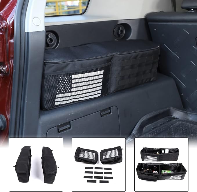 Aunginsy 2PCS Trunk Organizer Compatible with Toyota FJ Cruiser 2007-2021+, Car Left & Right Side Trunk Storage Bags Backseat Hanging Storage Multi-Compartment Accessories, With USA Flag Pattern