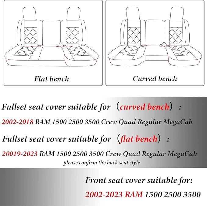 Coverado RAM Seat Covers Full Set, Waterproof Leather Car Seat Covers, Protective Seat Cushions Truck Pickup Custom Fit 2002-2025 Dodge Ram 1500 2500 3500, Gray