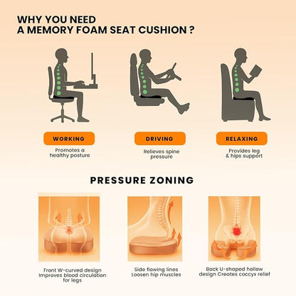 GRAND PITSTOP Memory Foam Seat Cushion for Office Chair Car & Home Orthopedic Tailbone & Sciatica Pain Relief Pad Ergonomic U-Shaped Design with Cooling Foam, Non Slip Base & Washable Cover