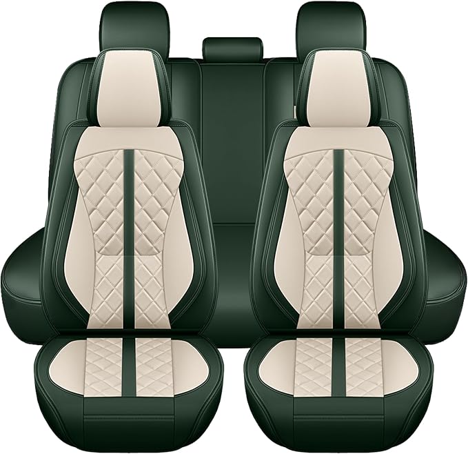 otoez Green Car Seat Covers Full Set, Universal Nappa Leather Seat Cover 5 Seat Waterproof & Breathable Automotive Seat Protector Full Coverage for Cars Sedens, Trucks, SUVs, Vans (White & Green)