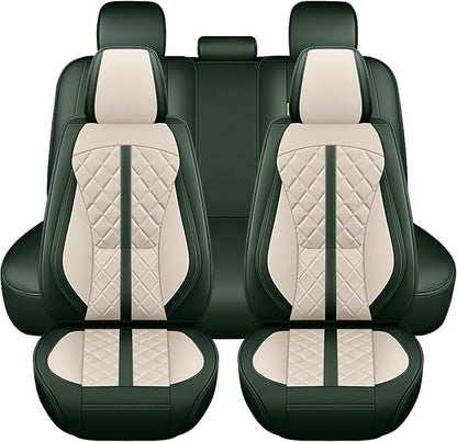 otoez Green Car Seat Covers Full Set, Universal Nappa Leather Seat Cover 5 Seat Waterproof & Breathable Automotive Seat Protector Full Coverage for Cars Sedens, Trucks, SUVs, Vans (White & Green)