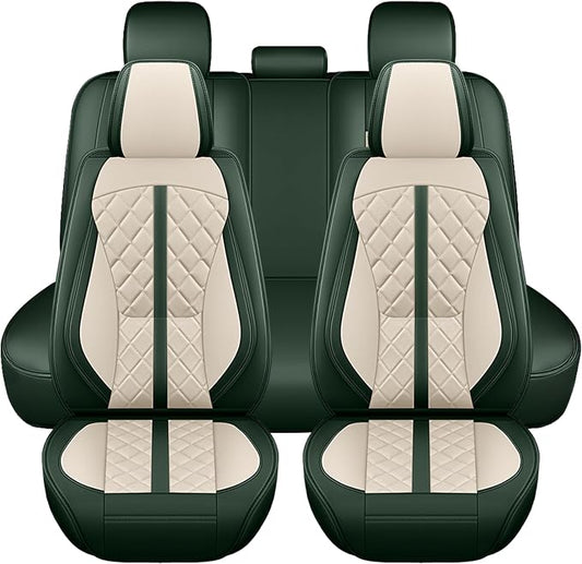 otoez Green Car Seat Covers Full Set, Universal Nappa Leather Seat Cover 5 Seat Waterproof & Breathable Automotive Seat Protector Full Coverage for Cars Sedens, Trucks, SUVs, Vans (White & Green)
