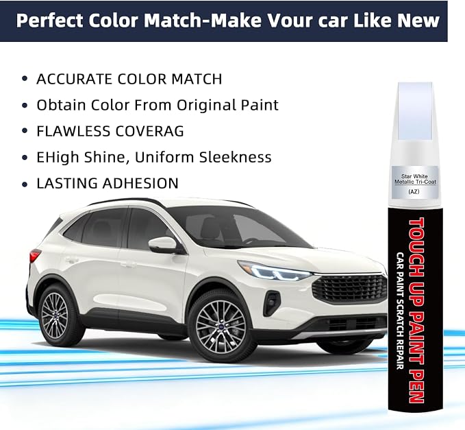 Star White Metallic Tri-Coat(AZ) Car Touch Up Paint for Ford 2-in-1 Car Scratch Repair Pen with Fine Tip&Brush, DIY Color-Code Matched Auto Paint for Rock Chips Door Scratches Paint Nicks Bumper Marks