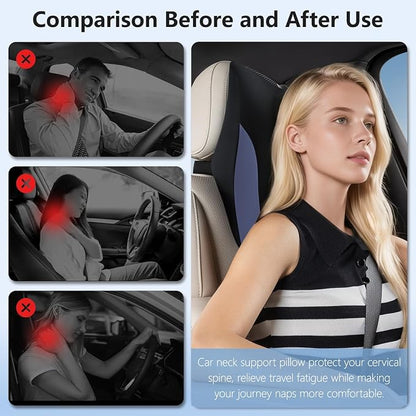 BABUR Car Neck Pillow for Driving Seat, Memory Foam Car Headrest Pillow, Ergonomic Neck Support, Breathable Removable Cover, Adjustable Strap, Pain Relief for Long Drives, Universal Fit | Blue