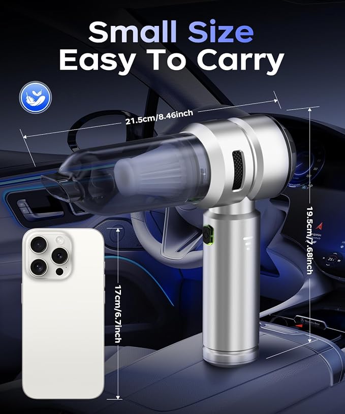 VNOST Car Vacuum,3 Suction Modes,Portable Mini Cordless Cleaner with 50000pa Suction Power,Type-C Charge,Handheld Vacuum for Home,Car,Birthday Gifts for Men Dad Husband (Silver)