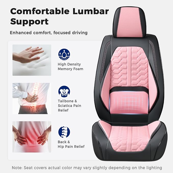 Huidasource Leather Seat Covers Full Set, Front and Rear Car Seat Covers, Full Wrap Automotive Car Seat Cushion Covers Protector Nappa Leather Fit for Most Cars SUV Trucks, Black & Pink