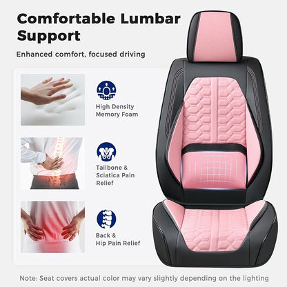 Huidasource Front Seat Covers Universal Fit for Most Cars SUV Trucks, Automotive Leather Seat Cushion Covers Protector with Lumbar Support, Waterproof Seat Cover Front Seat, Black & Pink