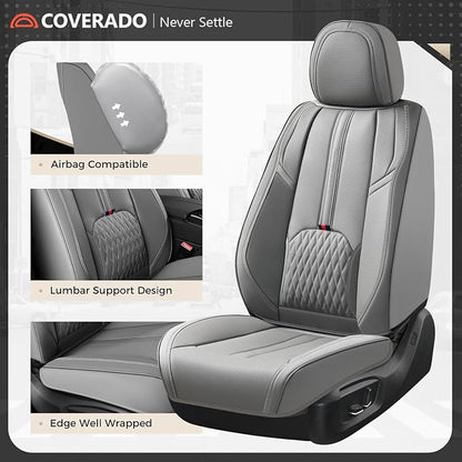 Coverado Car Seat Covers Full Set, Automotive Seat Cover with Lumbar Support, Nappa Leather Seat Cover for Cars, Waterproof Car Seat Protector, Car Seat Cushion Universal Fit for Most Vehicles (Gray)