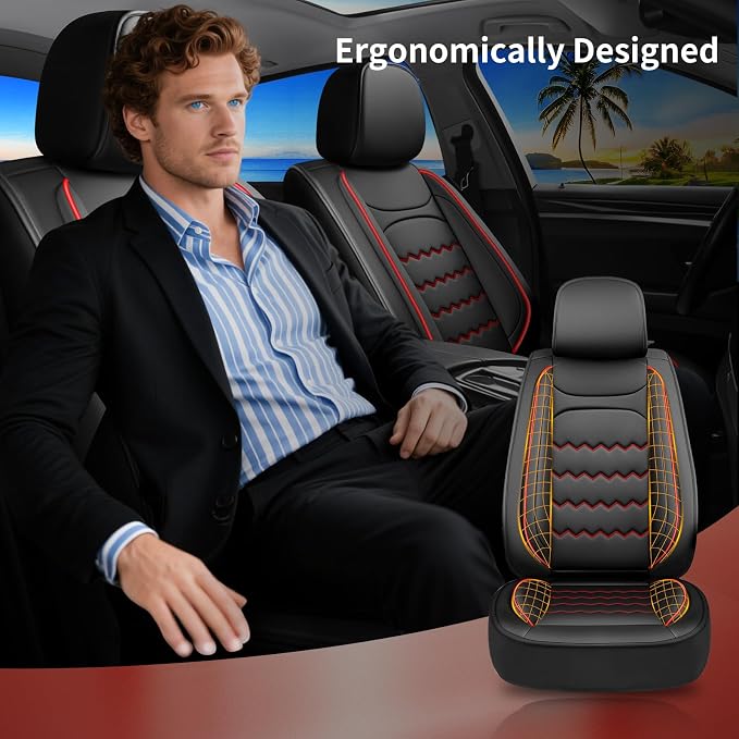 Focus Car Seat Covers Custom Fit for Ford Focus 2009-2018, Premium Full Coverage Leather Automotive Seat Protectors, All Seasons Waterproof Breathable, Airbag Compatible, 2 Front Seat Red Black