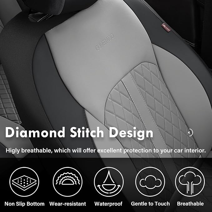 Coverado Universal Leather Seat Covers Full Set for 5 Seats – Waterproof, Durable All-Weather Protector for SUV, Pickup Truck, Sedan （Black&Gray）