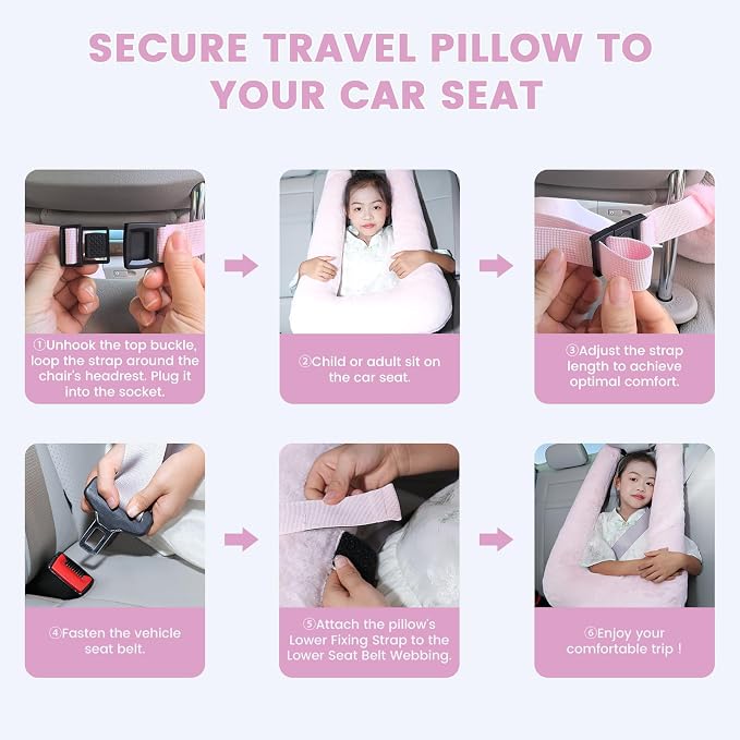 Keemall Car Pillow for Kids, Professional Inflatable Kids Car Pillow for Sleeping Carseat Travel - Safe, Reliable - Inflatable Travel Pillows for Kid Adult Car Seats Pink