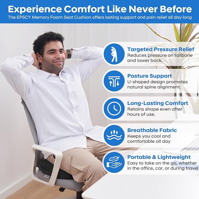 EPSCY Memory Foam U-Shaped Cushion for Coccyx, Hemorrhoid, Sciatica & Tailbone Pain Relief - Pressure Reducing Seat Cushion with Removable Cover - Postpartum Pillow for Office Chair, Wheelchair, Gray